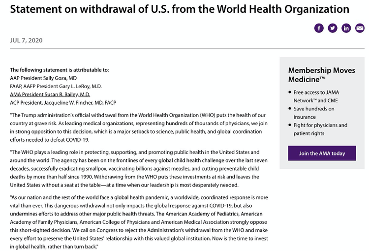 美国再次“退群” 遭齐声反对:逃避不能抗击病毒也无法推卸责任