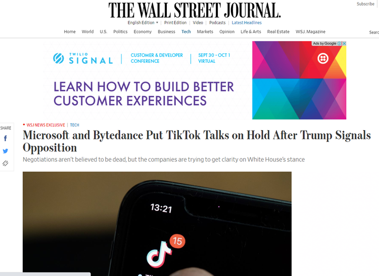 禁止TikTok在美运营 美媒:不相信“国家安全威胁”的说辞